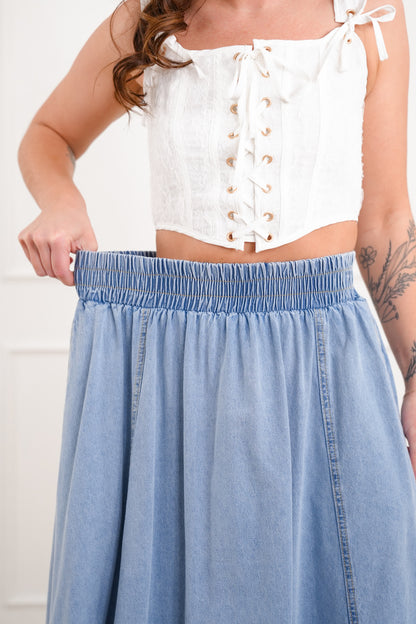Plus/Reg Elastic Waist Midi Skirt with Side Pockets