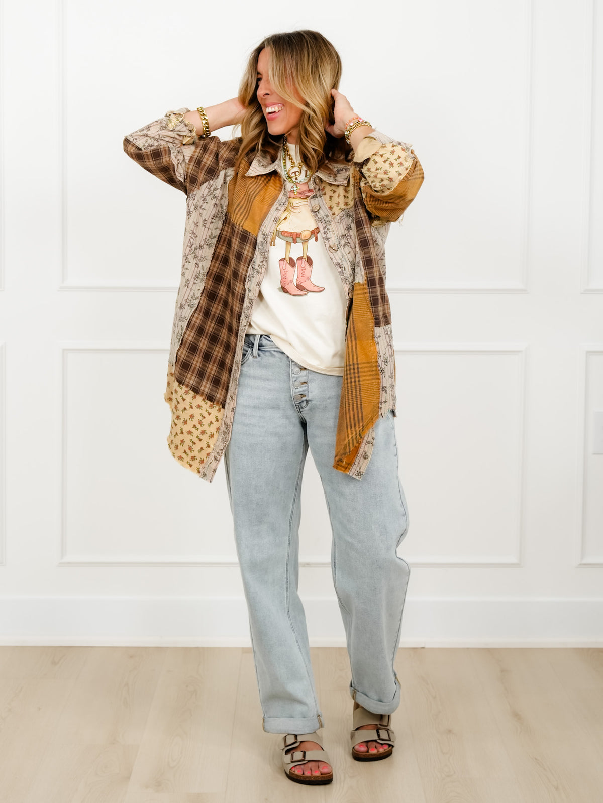 Patchwork Long Sleeve Button Down Top - Freckled Poppy