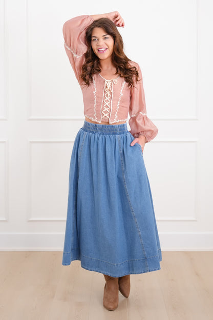 Plus/Reg Elastic Waist Midi Skirt with Side Pockets