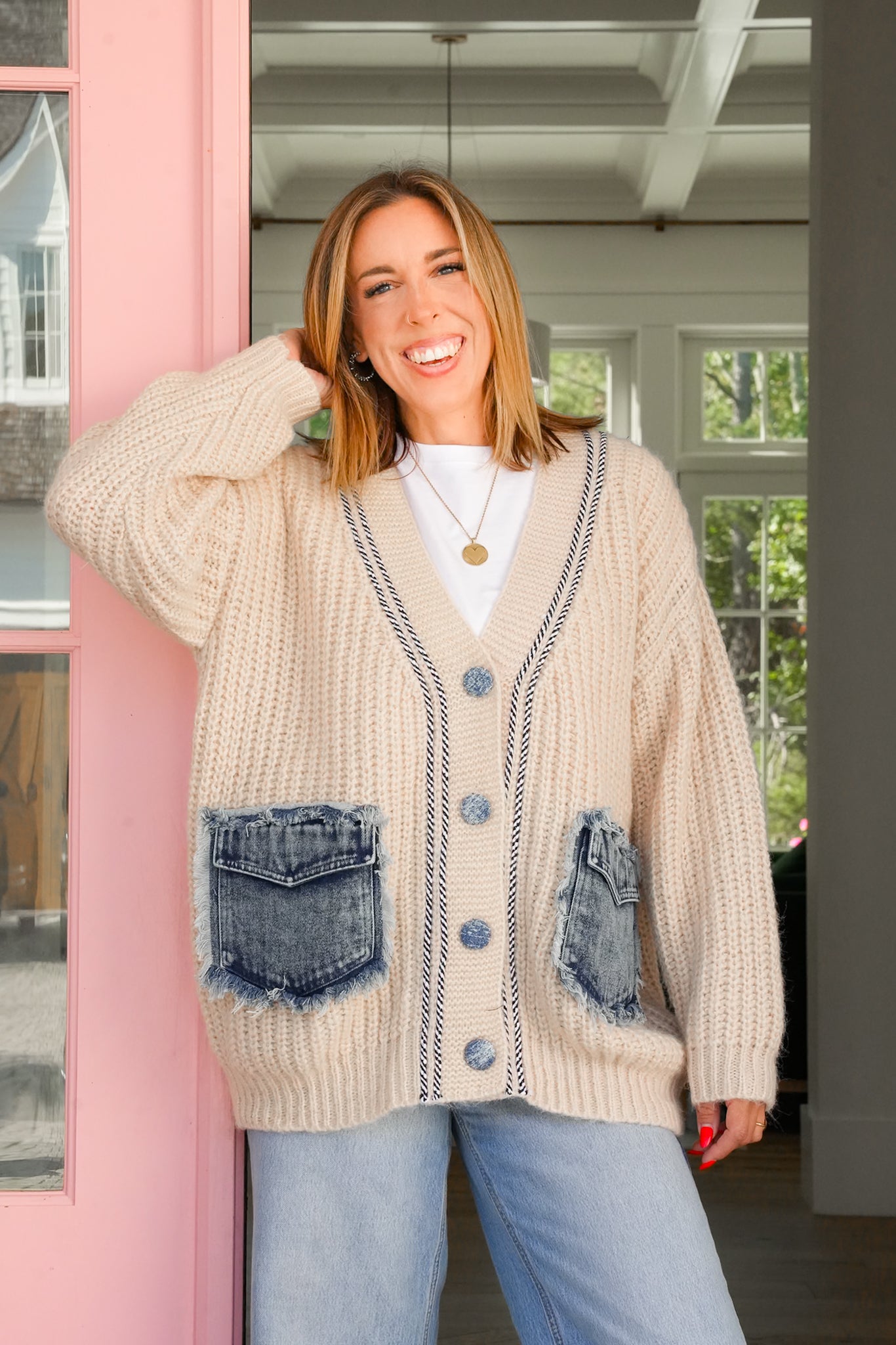 Plus/Reg Long Sleeve V-Neck Cardigan Sweater with Denim Pockets