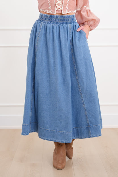 Plus/Reg Elastic Waist Midi Skirt with Side Pockets