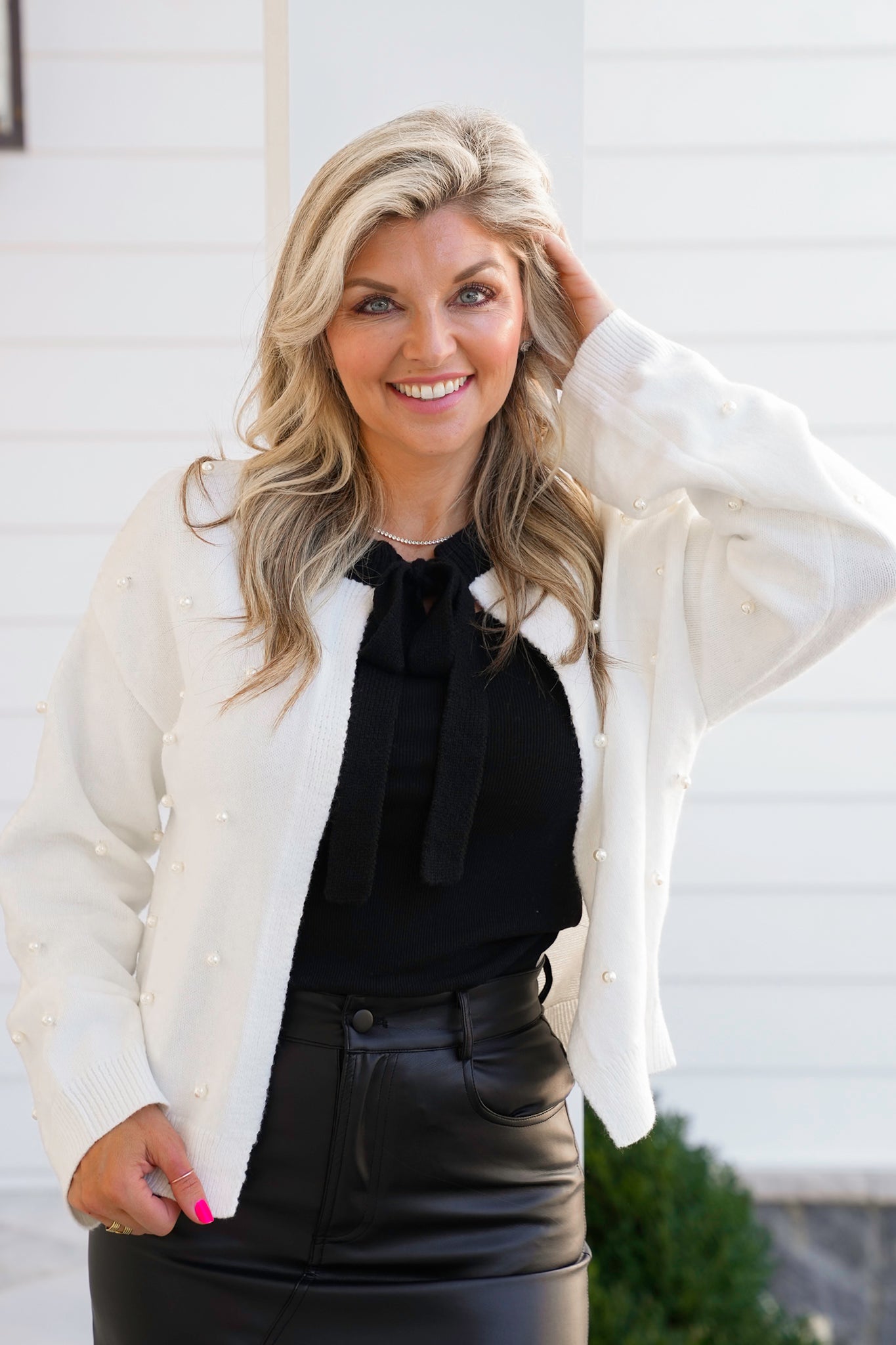 Tie At The Neck Long Sleeve Cardigan with Pearl Studs