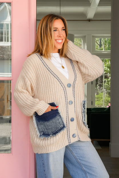 Plus/Reg Long Sleeve V-Neck Cardigan Sweater with Denim Pockets