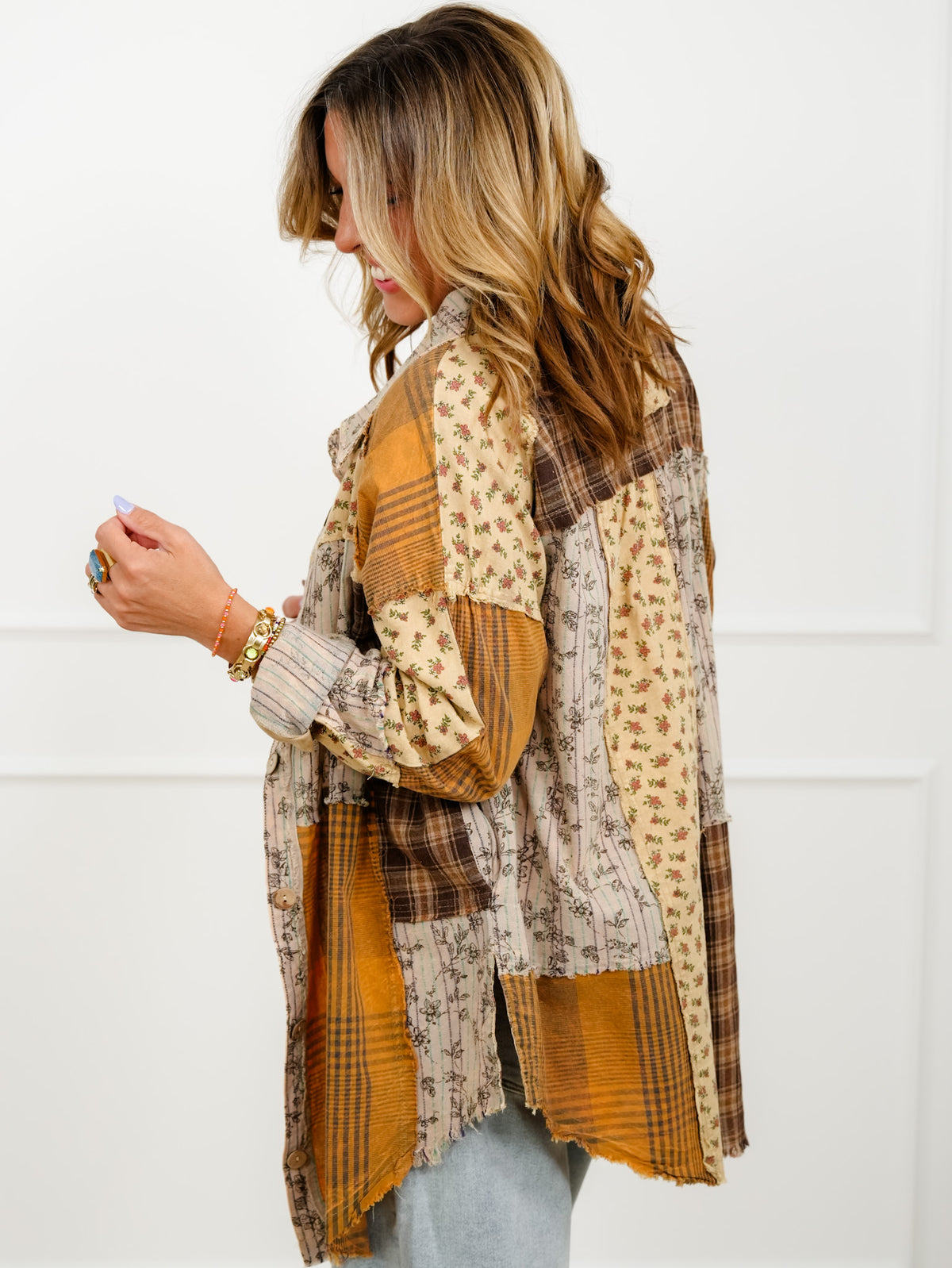 Patchwork Long Sleeve Button Down Top - Freckled Poppy