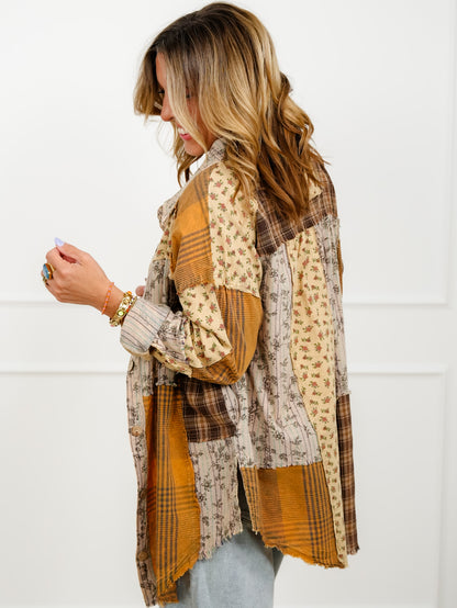 Patchwork Long Sleeve Button Down Top - Freckled Poppy