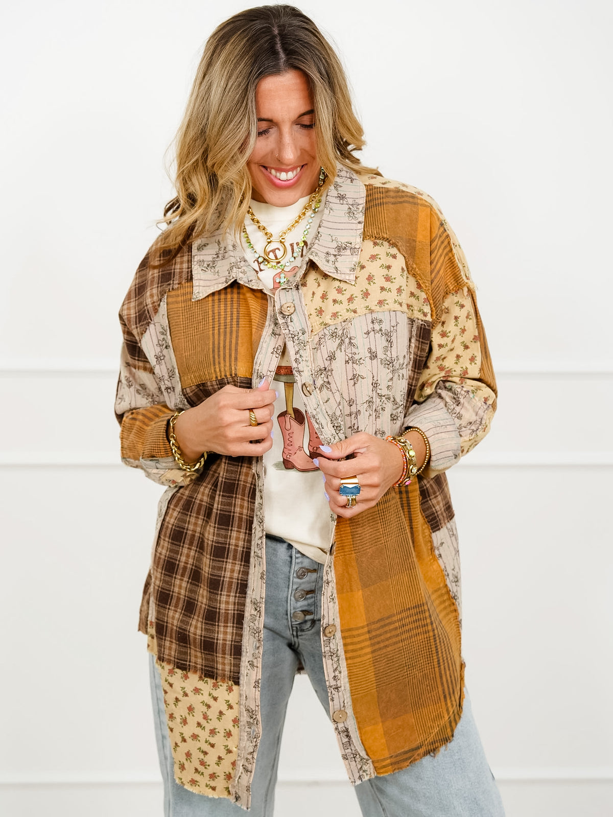 Patchwork Long Sleeve Button Down Top - Freckled Poppy