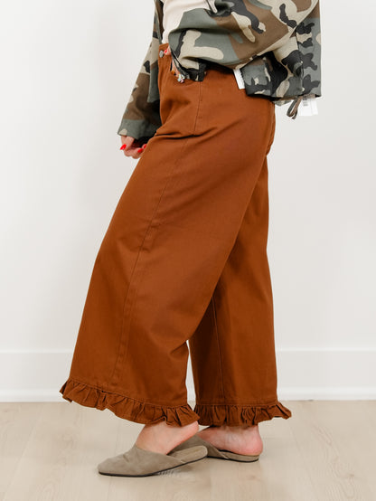 High Waist Wide Crop Leg Pants with Ruffle Hem