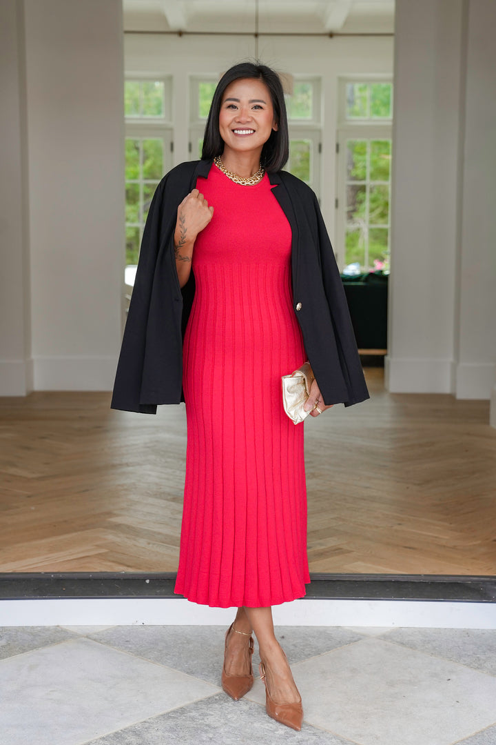 Red Sleeveless Ribbed Knit Dress