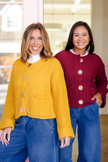 Knit Long Cuff Sleeve Gold Button Down Cardigan