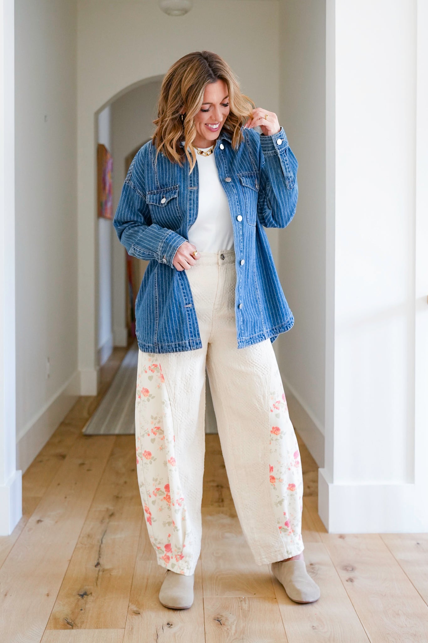 Plus/Reg Stripe Long Sleeve Button Up Shacket