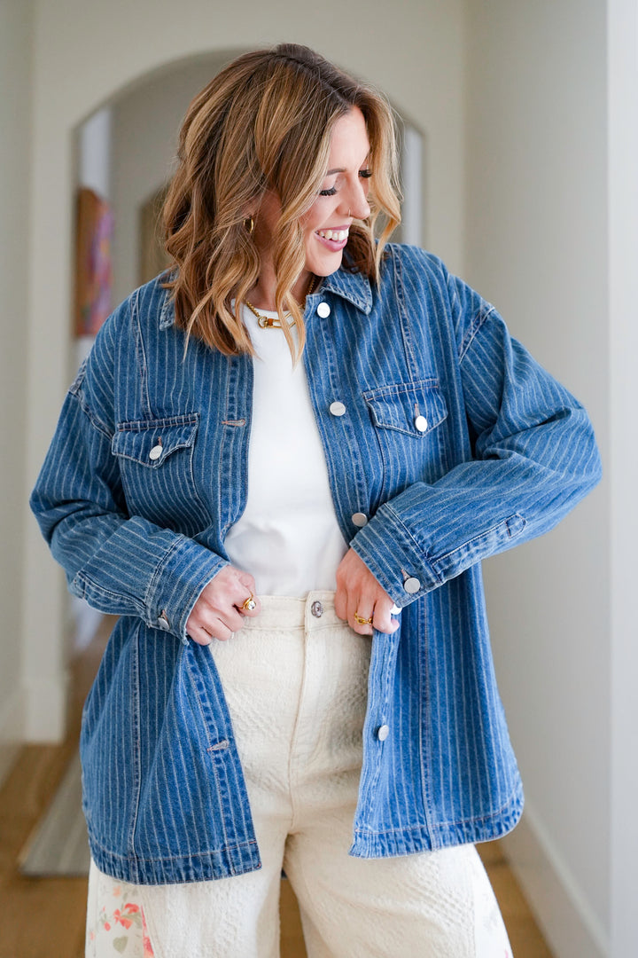 Plus/Reg Stripe Long Sleeve Button Up Shacket