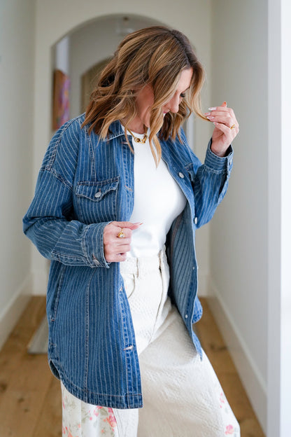 Plus/Reg Stripe Long Sleeve Button Up Shacket