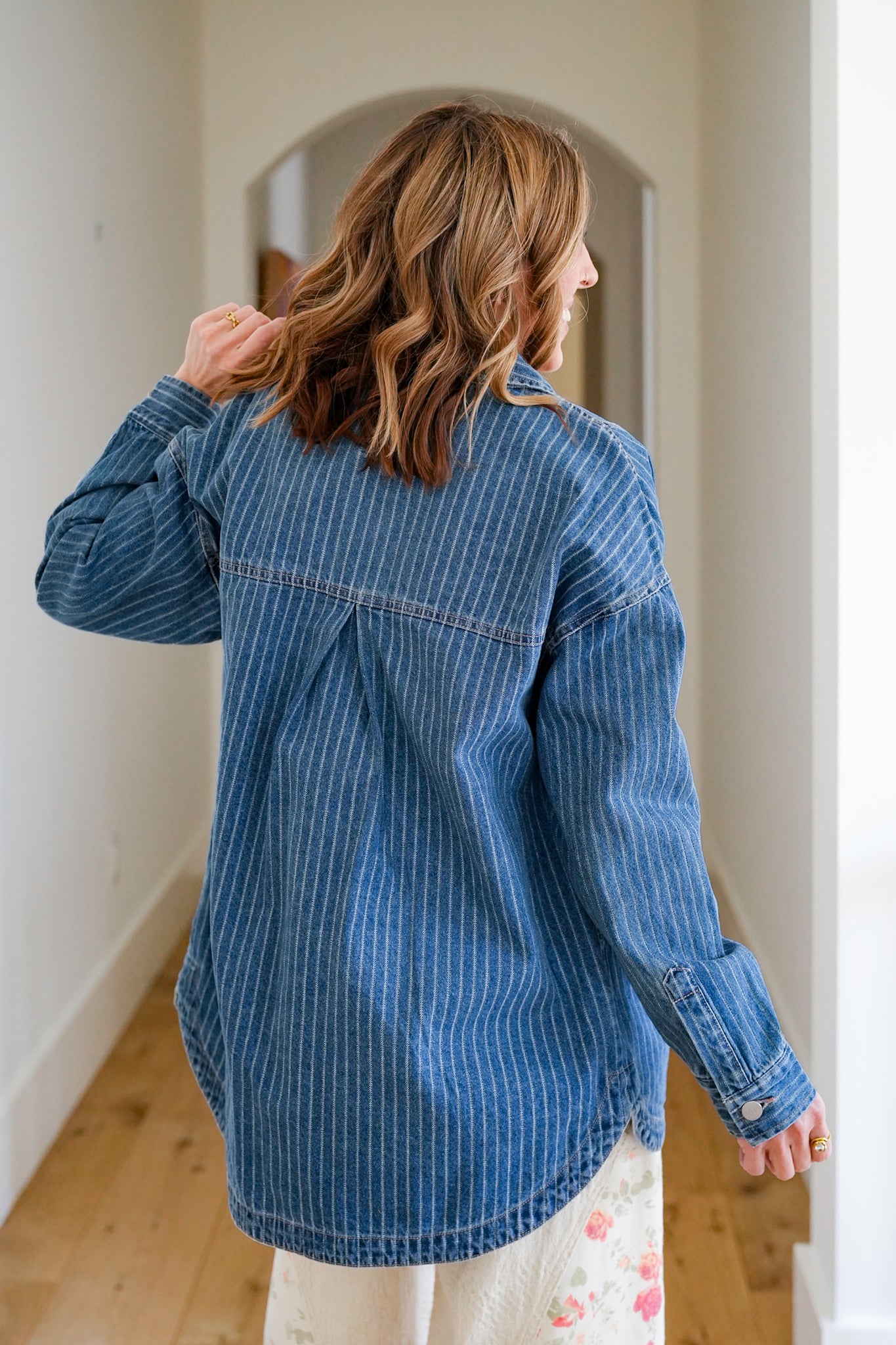 Plus/Reg Stripe Long Sleeve Button Up Shacket