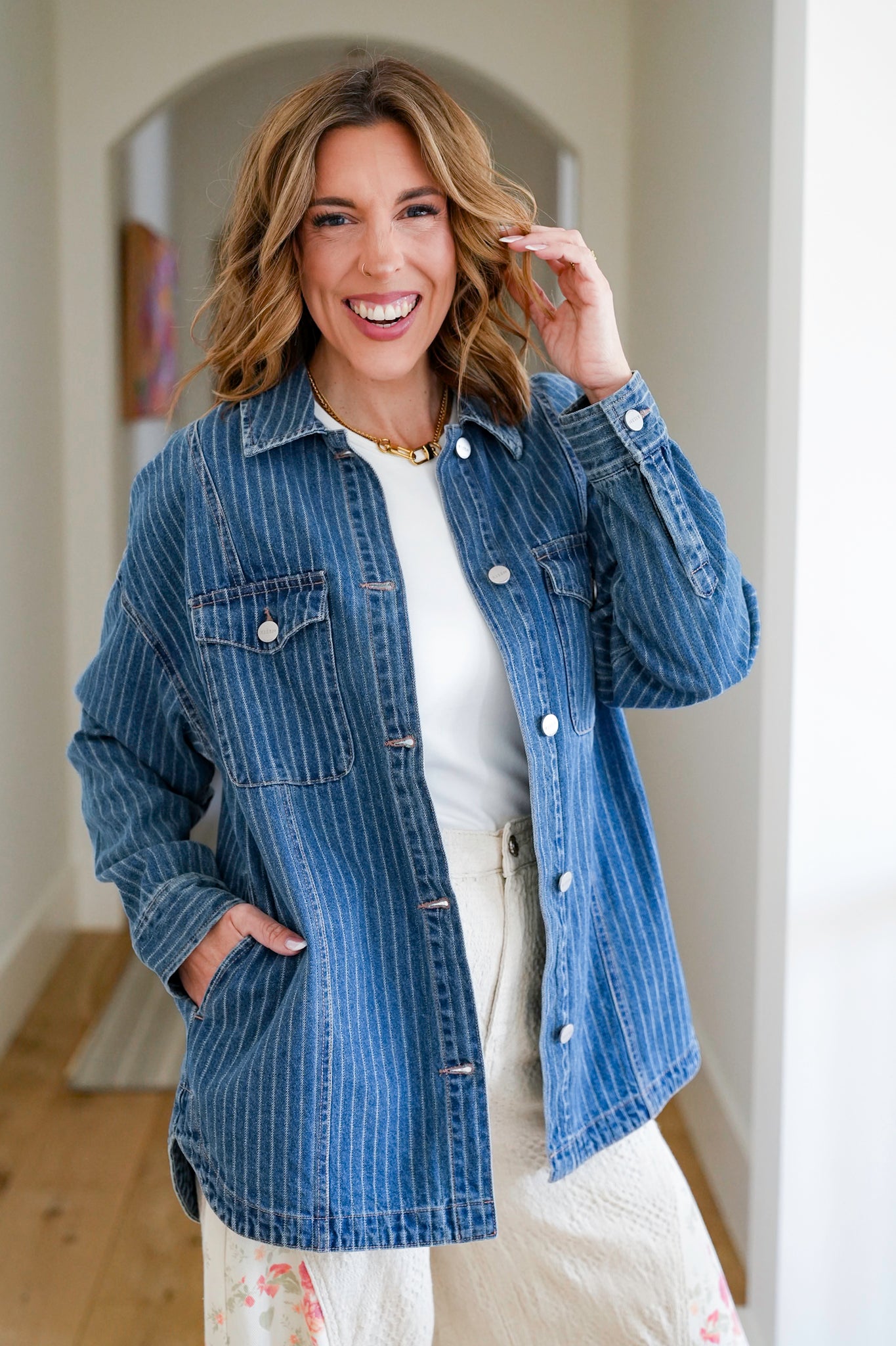 Plus/Reg Stripe Long Sleeve Button Up Shacket