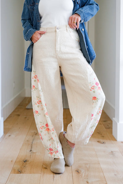 POL Floral and Textured Print Pants with Pleated Hem