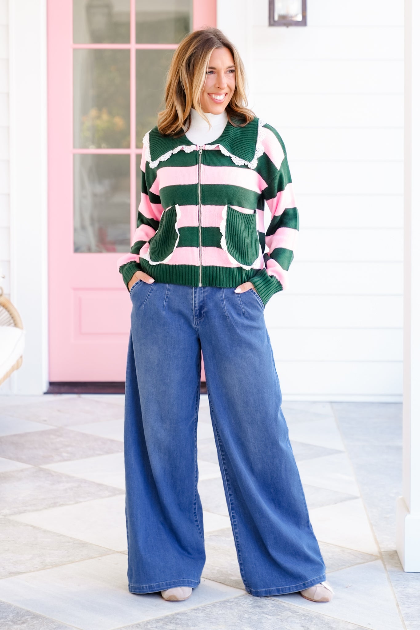 Knit Stripe Long Sleeve Zip-Up Sweater with Lace Trim