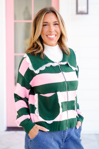 Knit Stripe Long Sleeve Zip-Up Sweater with Lace Trim