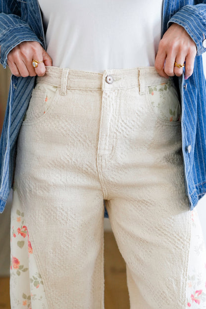 POL Floral and Textured Print Pants with Pleated Hem