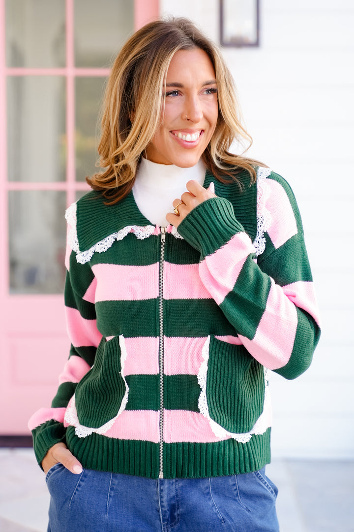 Knit Stripe Long Sleeve Zip-Up Sweater with Lace Trim