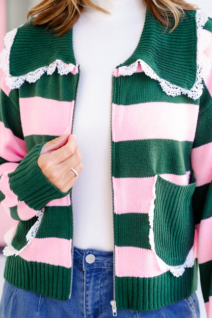 Knit Stripe Long Sleeve Zip-Up Sweater with Lace Trim