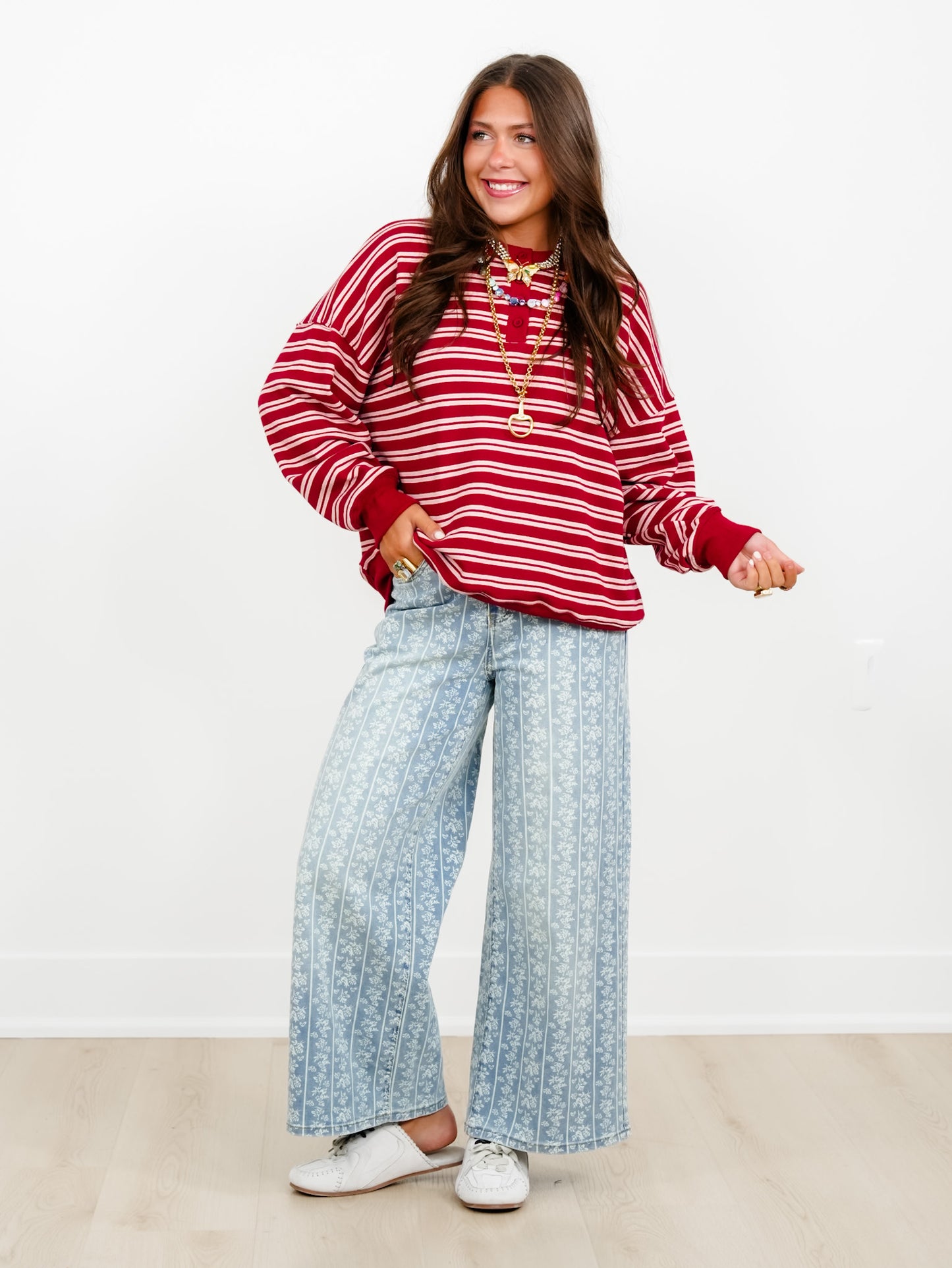 Maroon and Peach Striped Long Sleeve Henley Pullover Sweatshirt