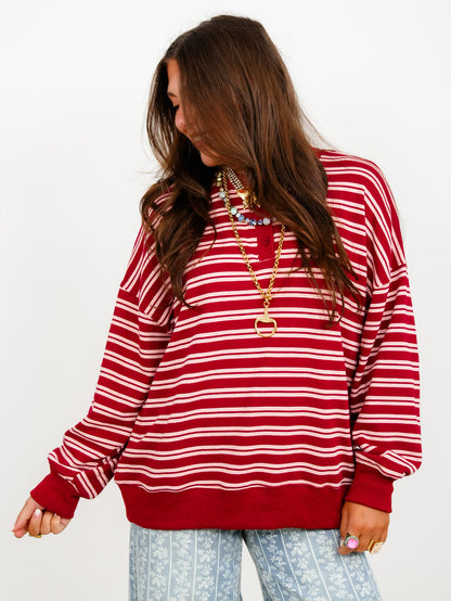 Maroon and Peach Striped Long Sleeve Henley Pullover Sweatshirt