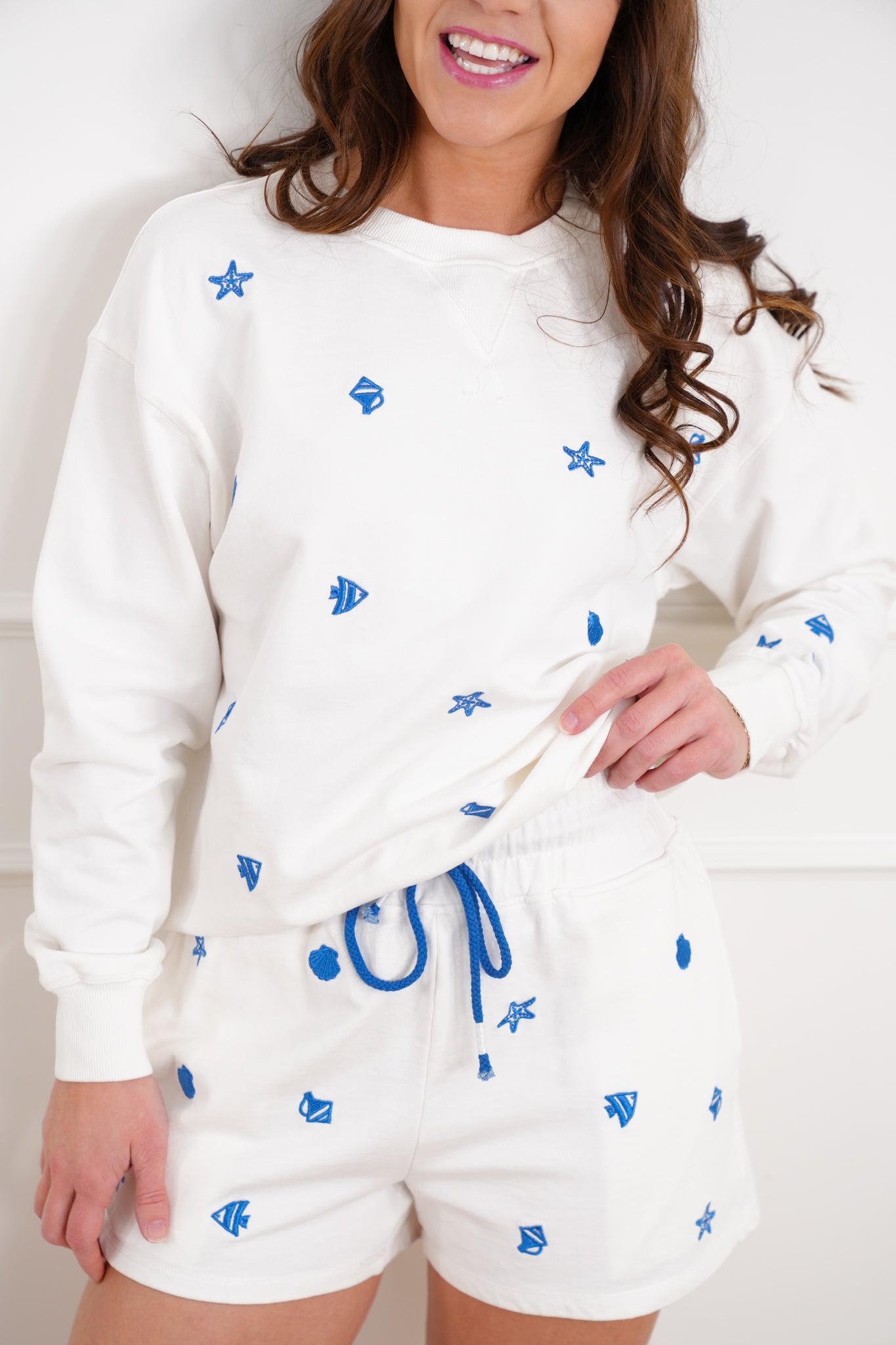 Plus/Reg Beach Embroidered Long Sleeve Pullover Sweatshirt