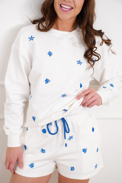 Plus/Reg Beach Embroidered Long Sleeve Pullover Sweatshirt