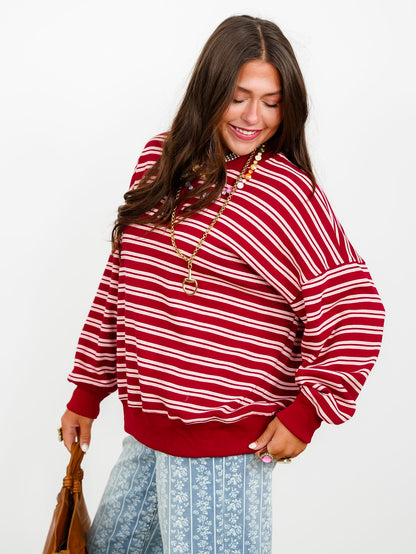 Maroon and Peach Striped Long Sleeve Henley Pullover Sweatshirt