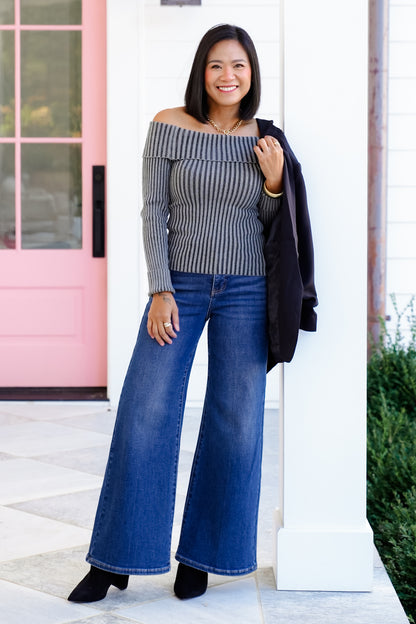 Ribbed Knit Long Sleeve Off Shoulder Top