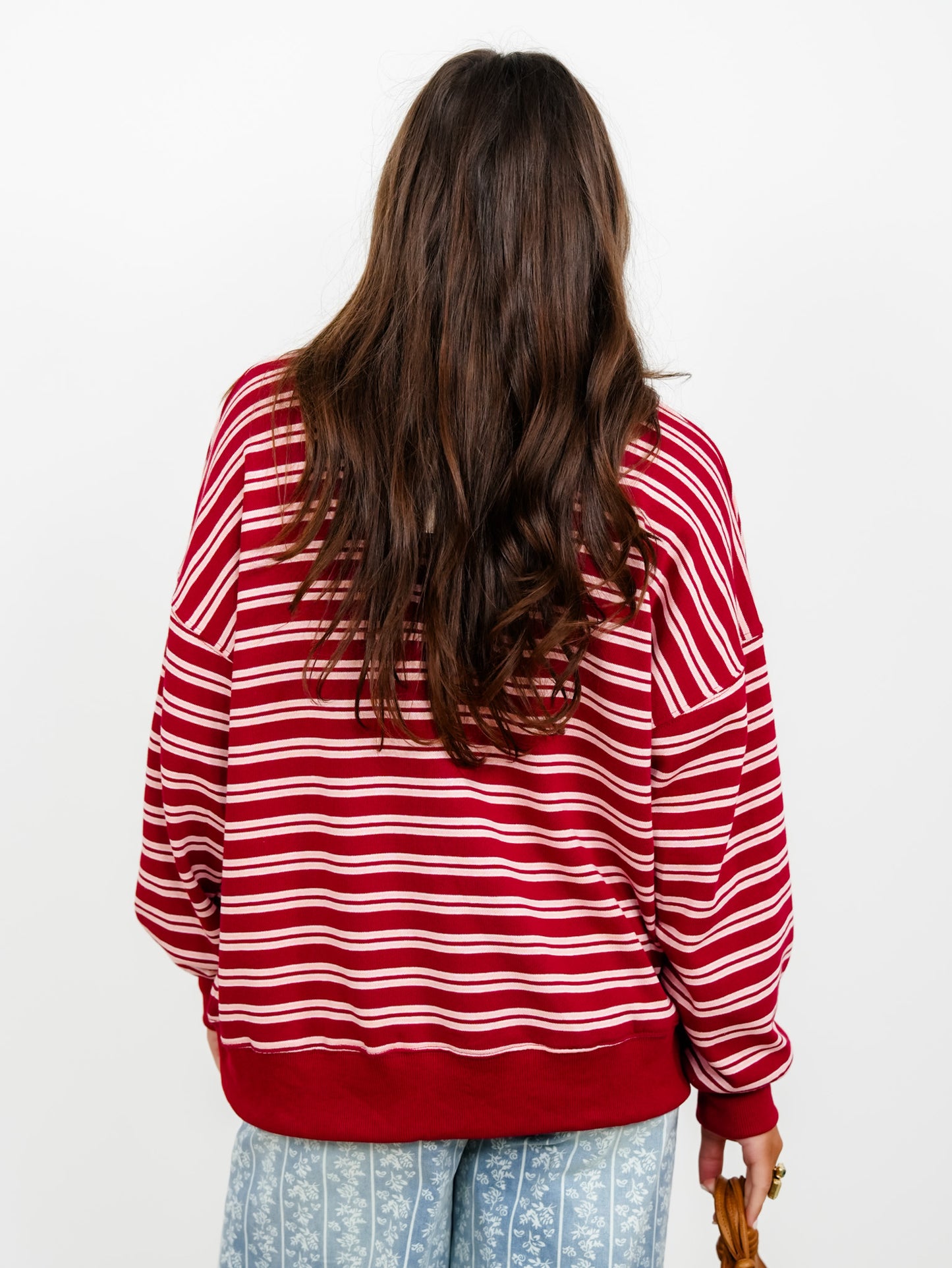 Maroon and Peach Striped Long Sleeve Henley Pullover Sweatshirt