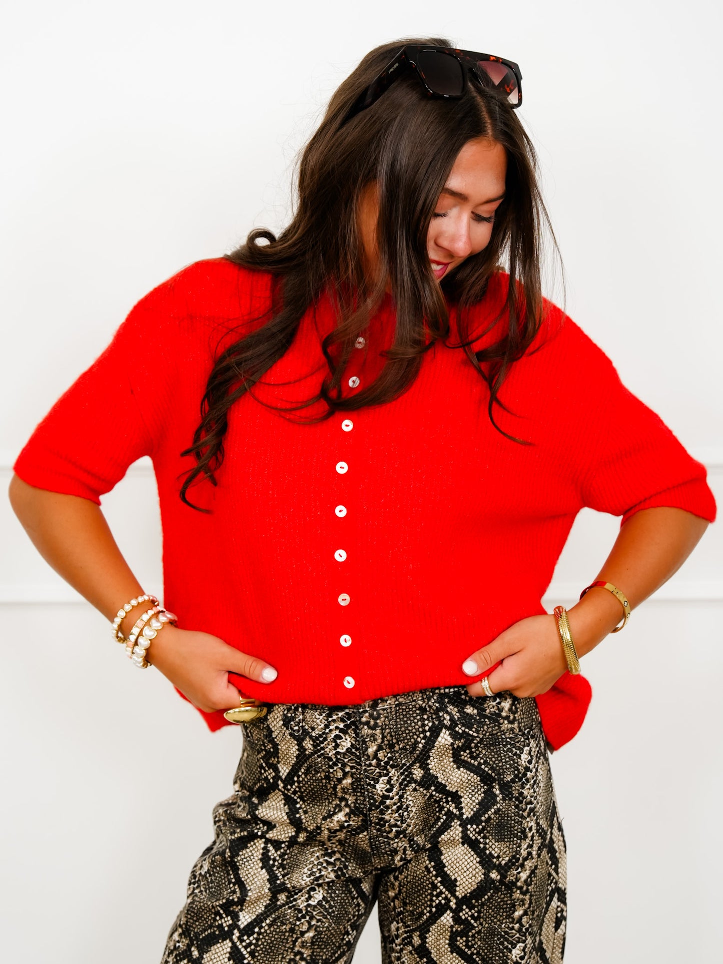 Red Short Sleeve Button Down Cardigan - Freckled Poppy