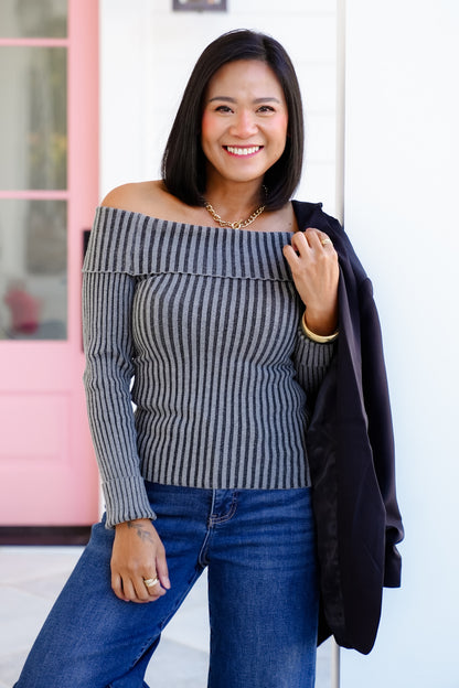 Ribbed Knit Long Sleeve Off Shoulder Top
