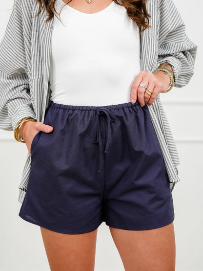 Linen Blend Elastic Waist Shorts with Side Pockets