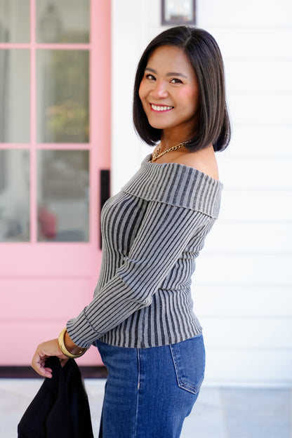 Ribbed Knit Long Sleeve Off Shoulder Top