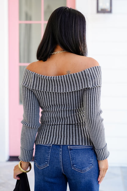 Ribbed Knit Long Sleeve Off Shoulder Top