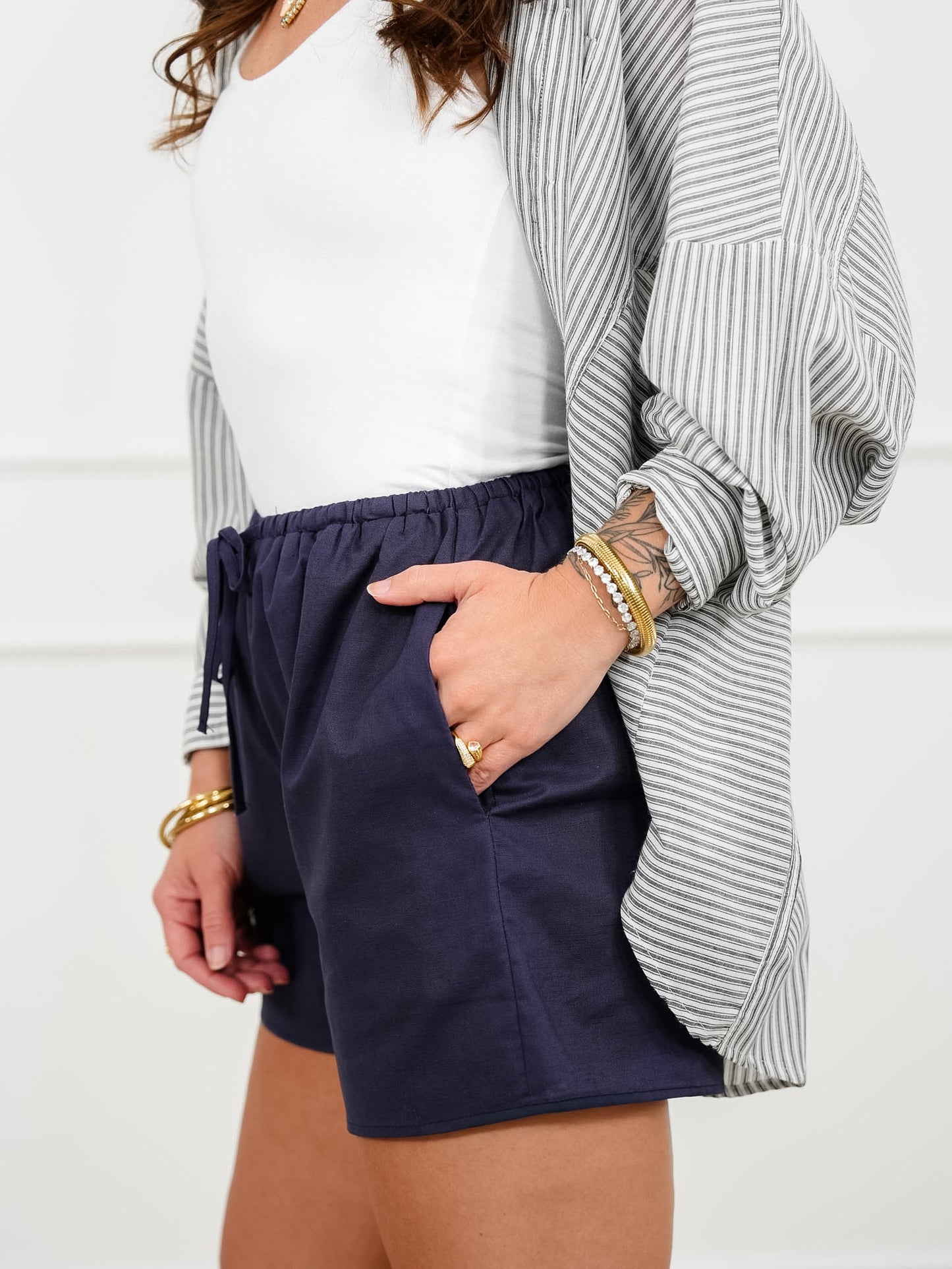 Linen Blend Elastic Waist Shorts with Side Pockets