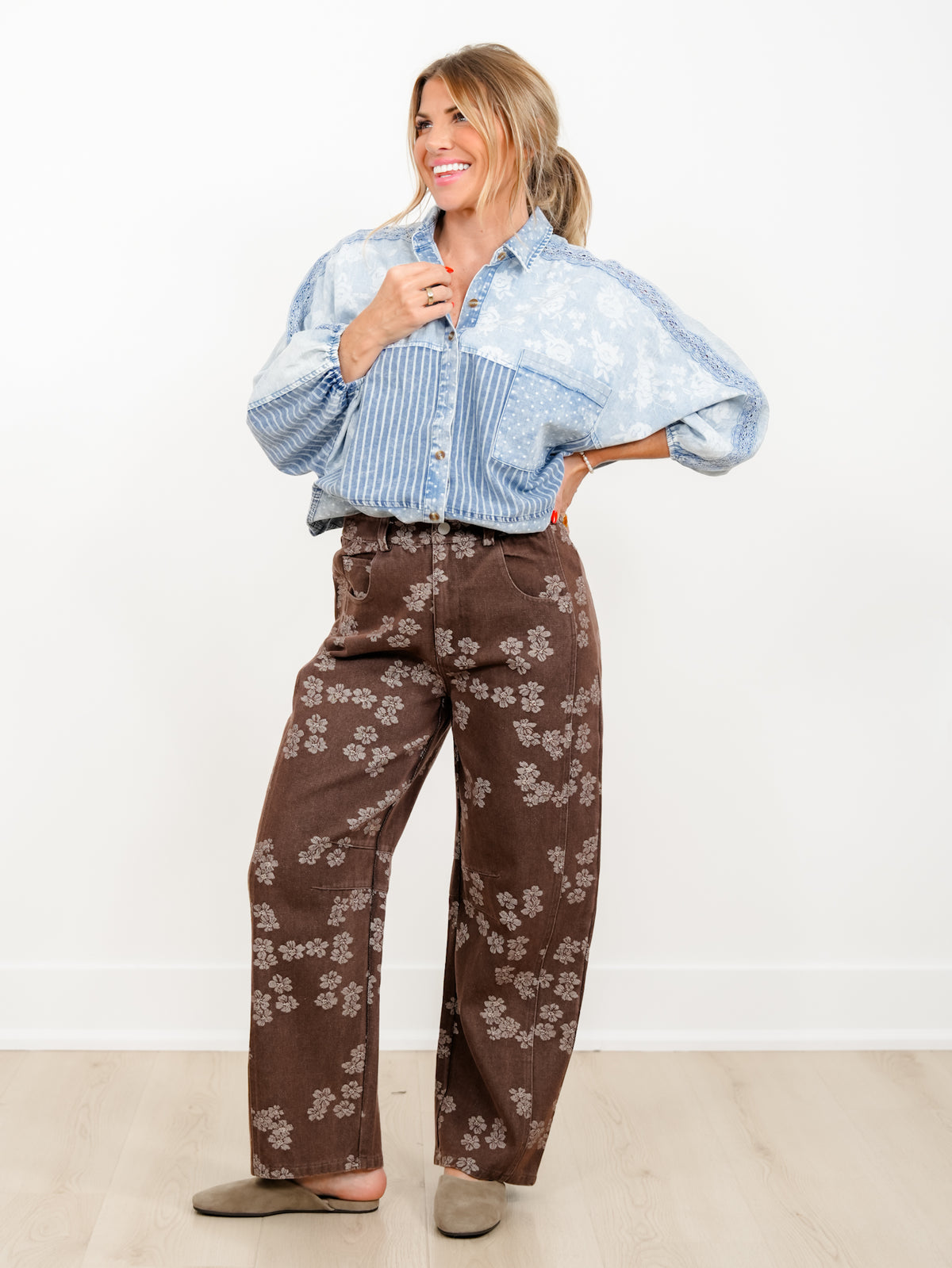 Floral Print High Waist Barrel Leg Jeans