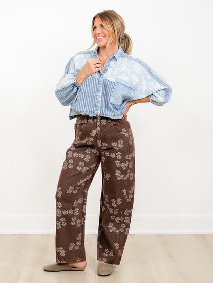 Floral Print High Waist Barrel Leg Jeans