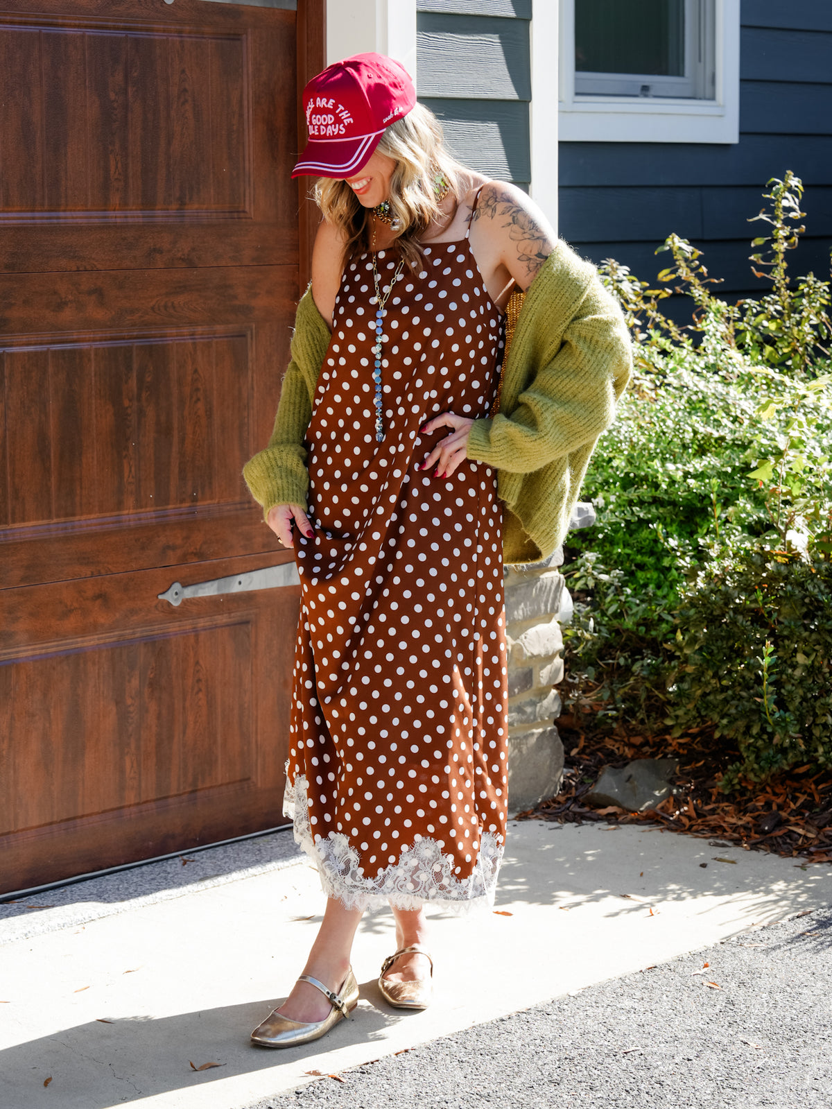 Polka Dot Sleeveless Midi Dress With Lace Trim