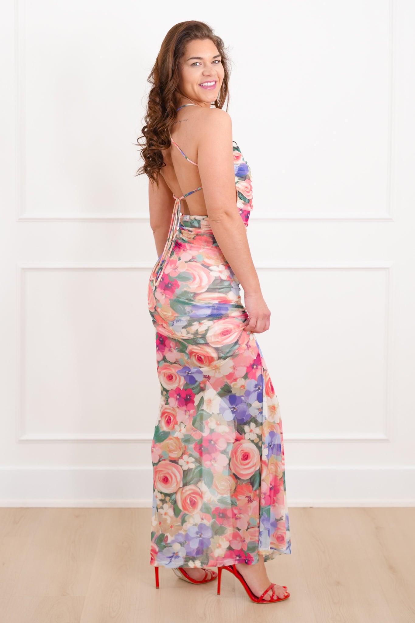Floral Print Sleeveless Ruched Bodice Maxi Dress