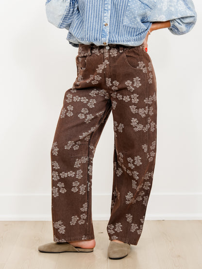 Floral Print High Waist Barrel Leg Jeans