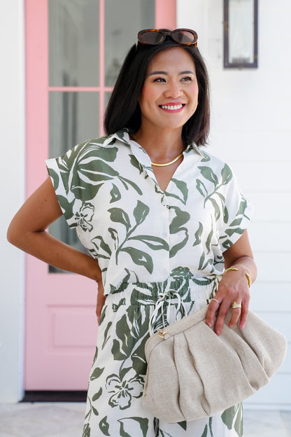Olive Printed Short Sleeve Button Up Top and Pants Set