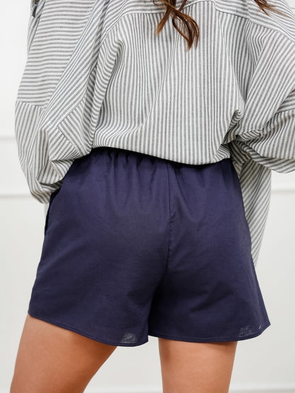 Linen Blend Elastic Waist Shorts with Side Pockets