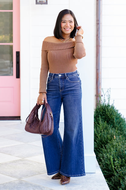 Ribbed Knit Long Sleeve Off Shoulder Top