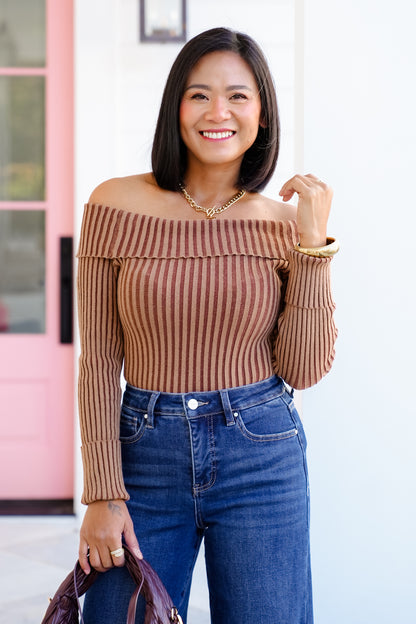 Ribbed Knit Long Sleeve Off Shoulder Top