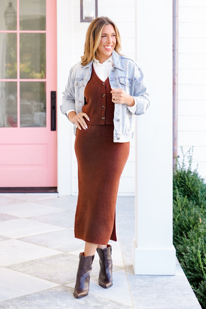 Knit Sleeveless Button Down Top and Midi Skirt Set