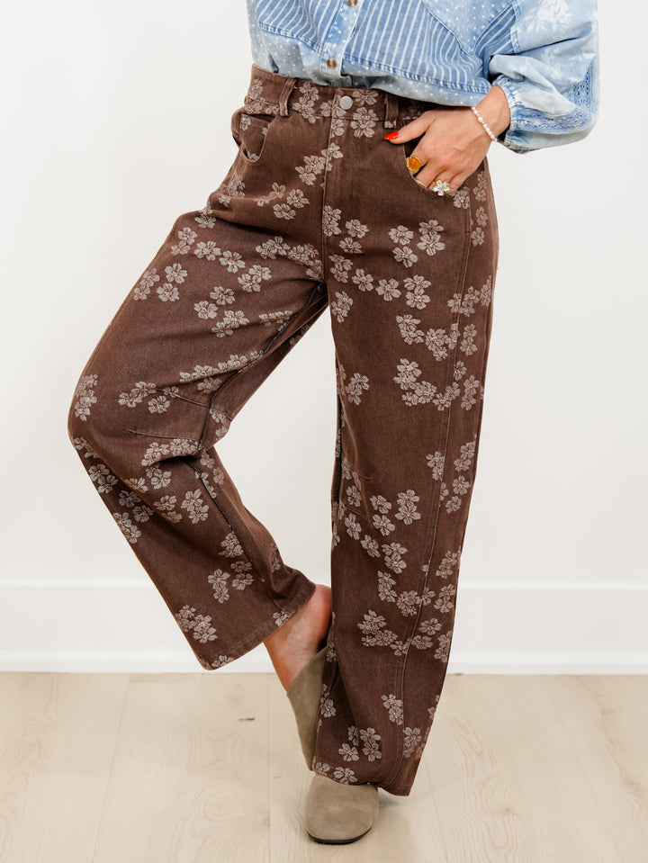 Floral Print High Waist Barrel Leg Jeans