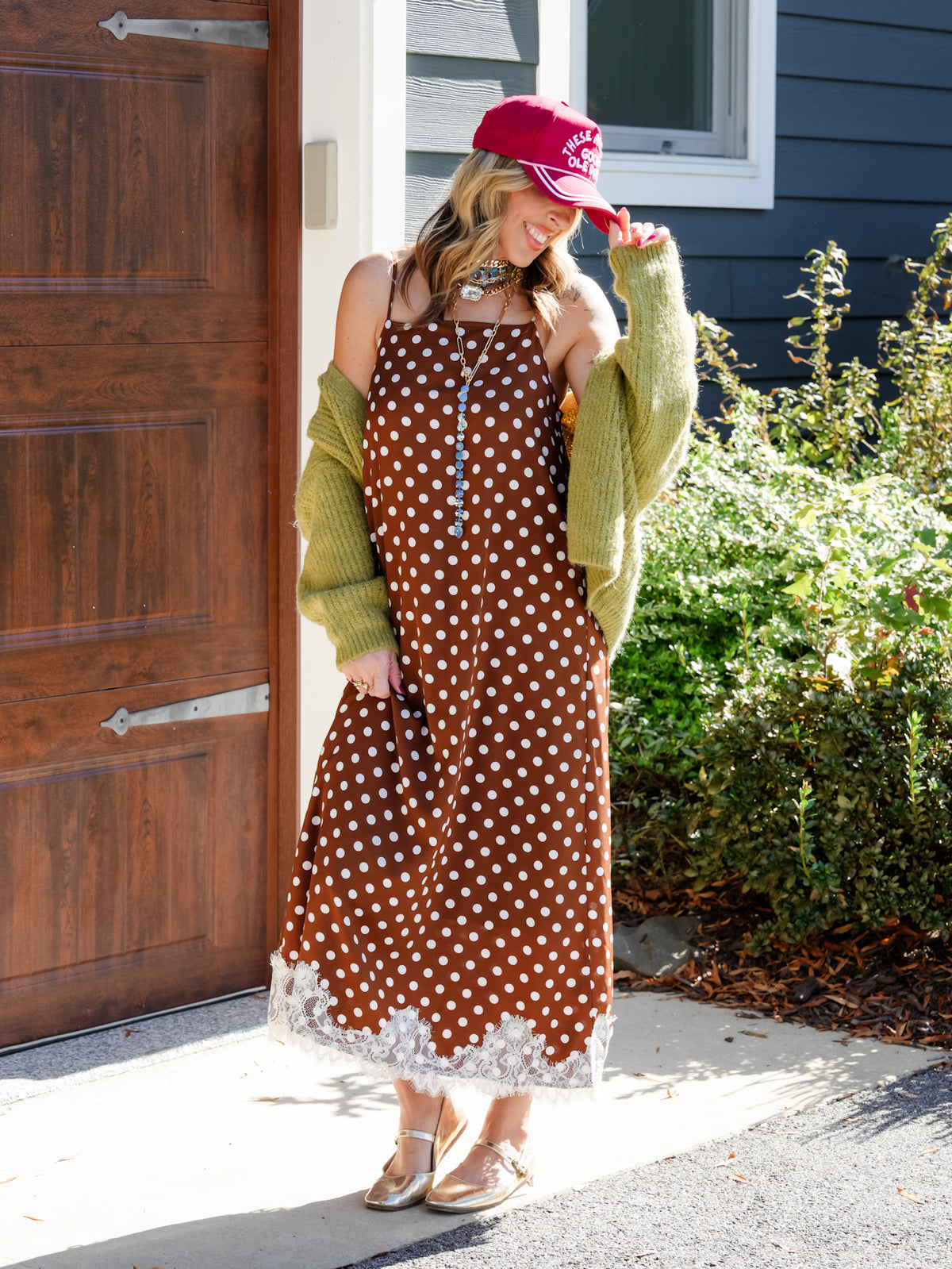 Polka Dot Sleeveless Midi Dress With Lace Trim