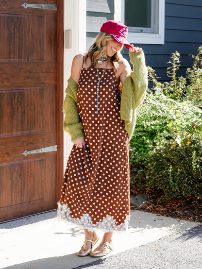 Polka Dot Sleeveless Midi Dress With Lace Trim